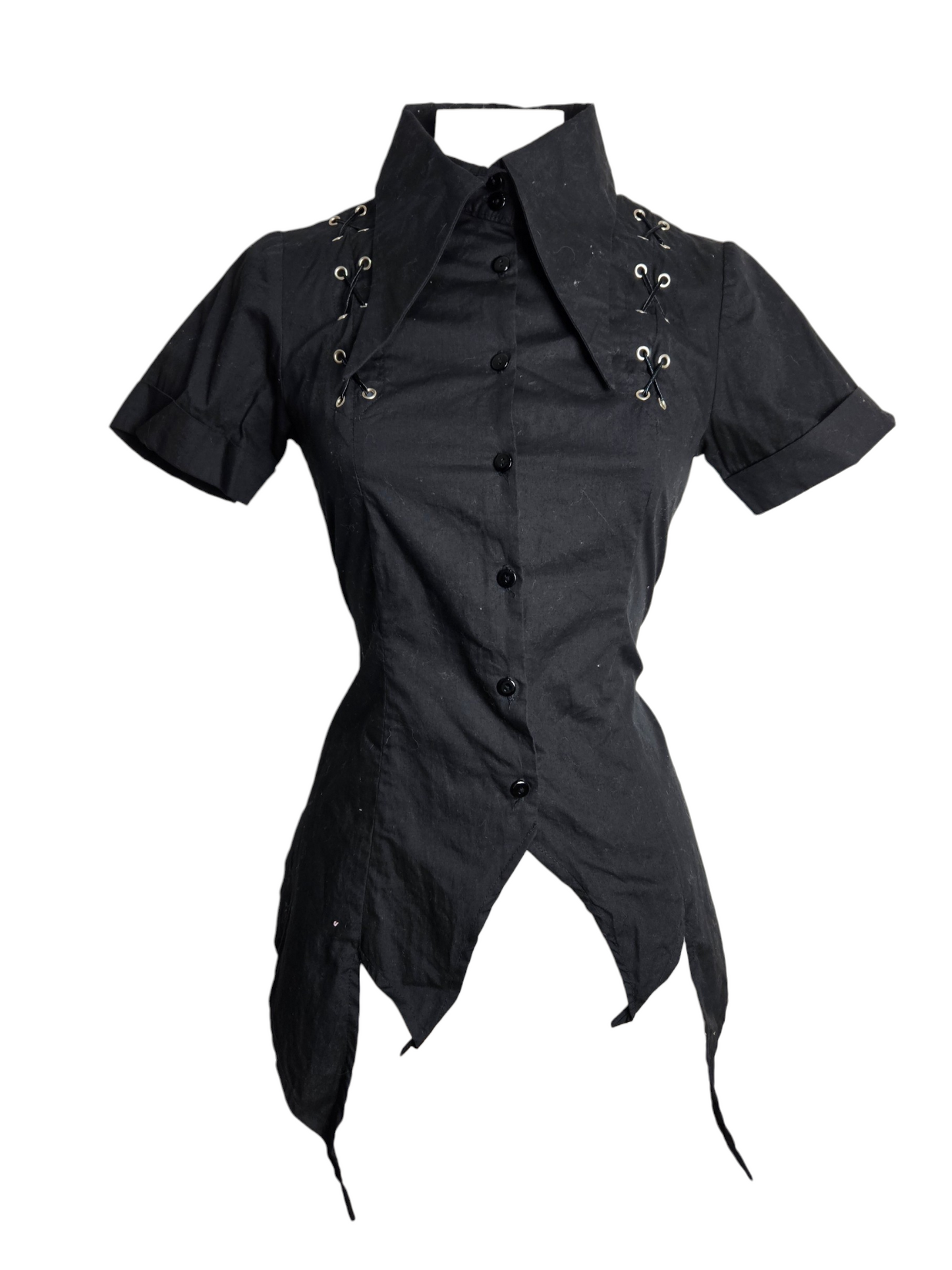 Vintage black gothic shirt with high collar, lace-up shoulder details, and asymmetrical hem by Lucid Dream 2007. Edgy Y2K mall goth aesthetic.