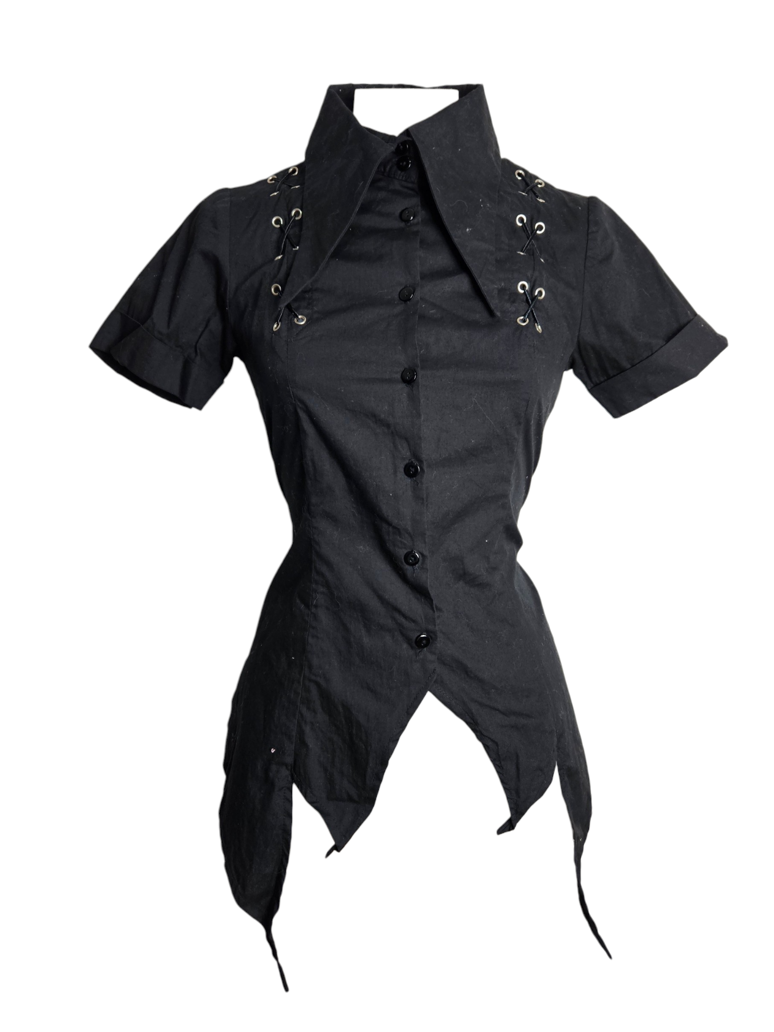 Vintage black gothic shirt with high collar, lace-up shoulder details, and asymmetrical hem by Lucid Dream 2007. Edgy Y2K mall goth aesthetic.