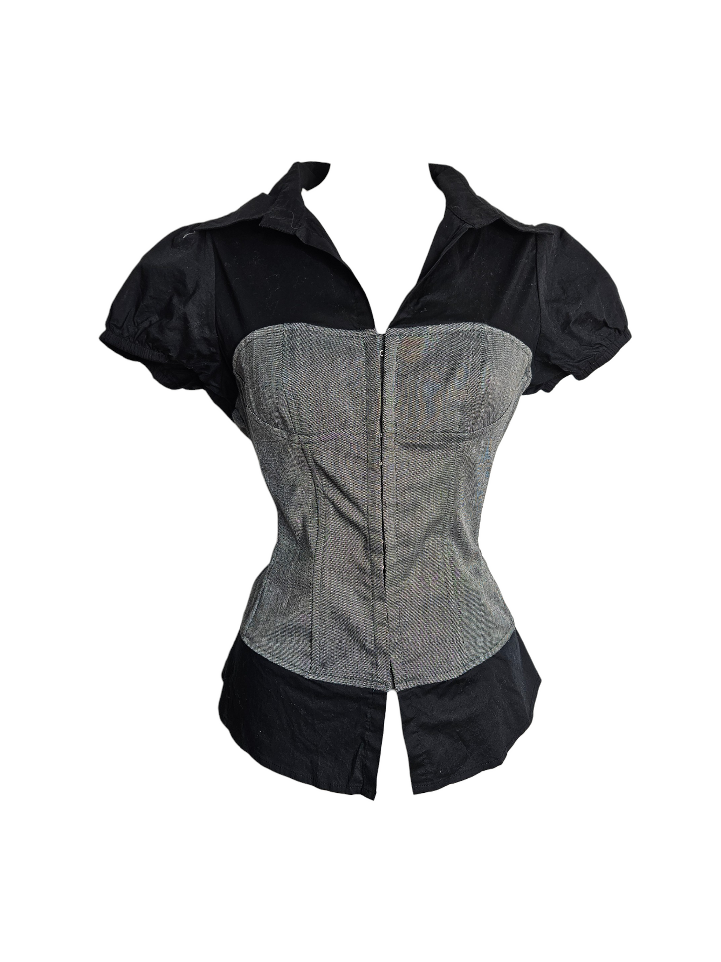 Vintage black shirt with grey corset bodice, puff sleeves & hook-and-eye closure. Edgy Y2K corporate goth style by Lucid Dream 2007.