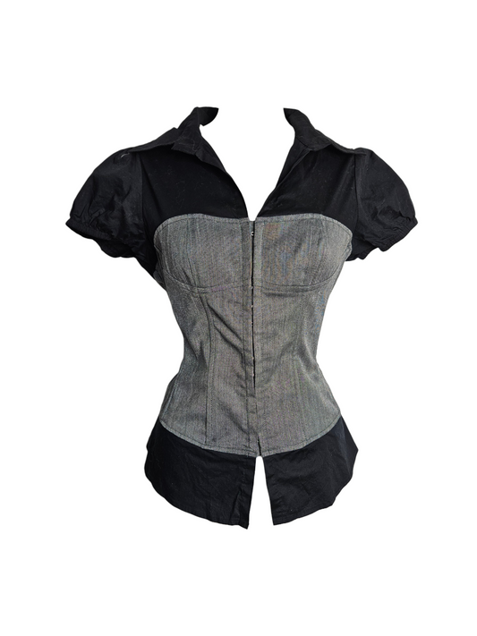 Vintage black shirt with grey corset bodice, puff sleeves & hook-and-eye closure. Edgy Y2K corporate goth style by Lucid Dream 2007.
