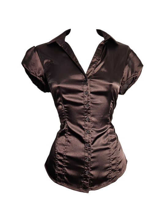Y2K brown satin blouse on mannequin. Back features a sexy lace-up corset and puffed sleeves. Perfect for a retro 2000s gothic or steampunk look.