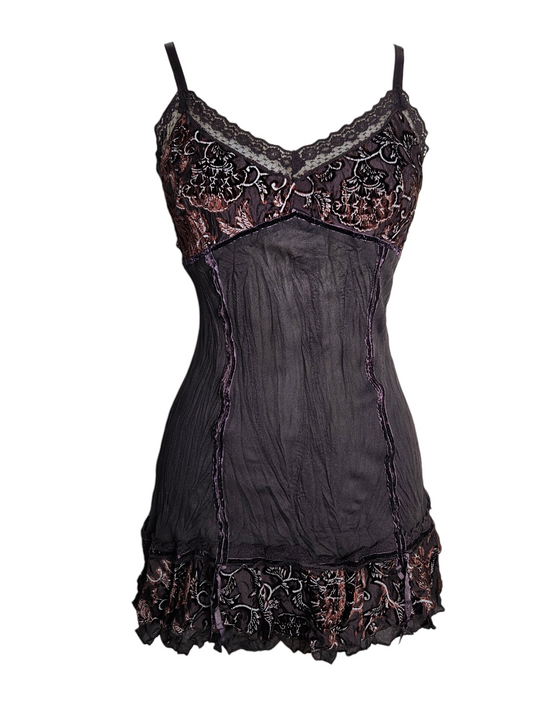 Y2K brown mesh mini dress. V-neck with floral velvet/lace details. Ruched texture, layered hem, spaghetti straps. Goth & coquette style.