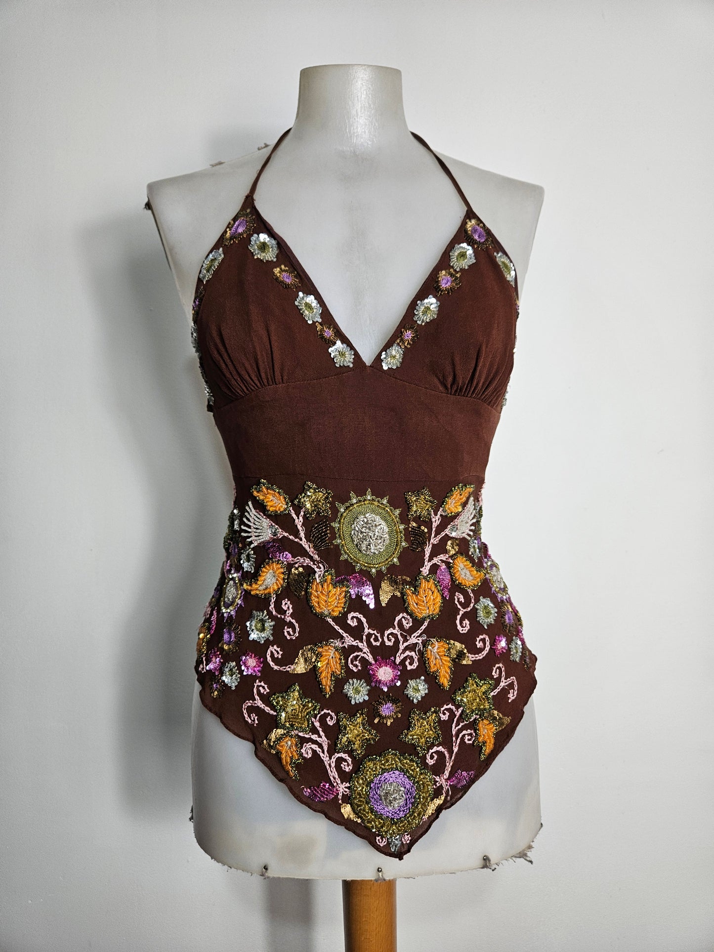 Embroidered silk backless top