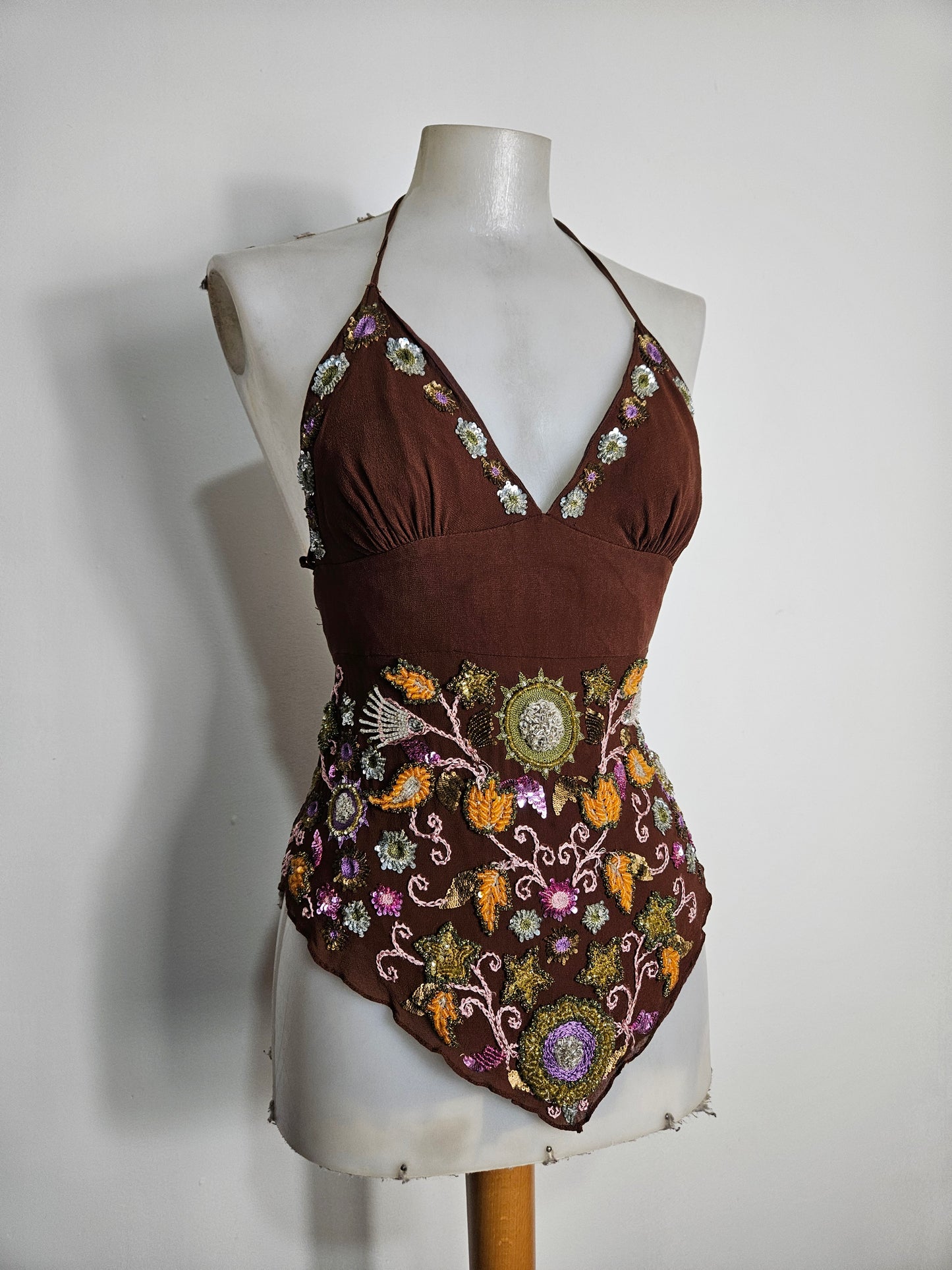 Embroidered silk backless top