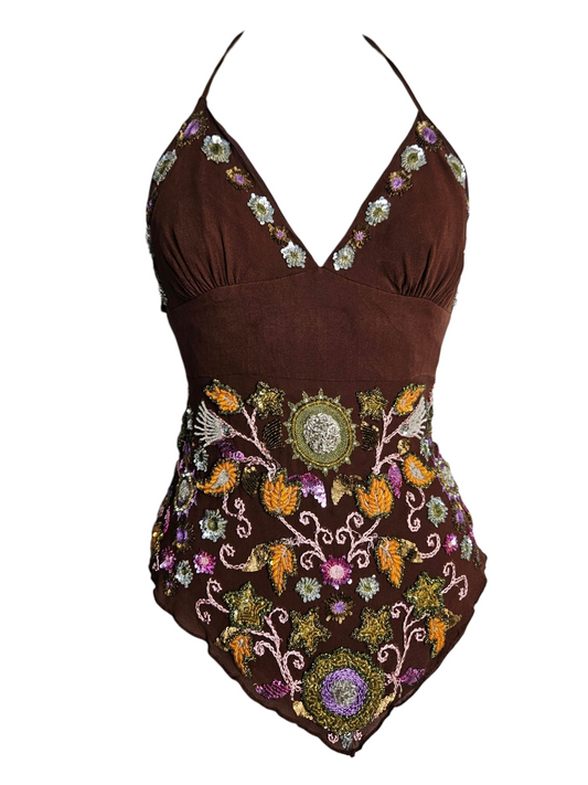 Brown halter neck top with intricate bohemian beadwork and sequins, featuring an earthy floral design and handkerchief hem. Ideal for vintage Y2K festival styles.