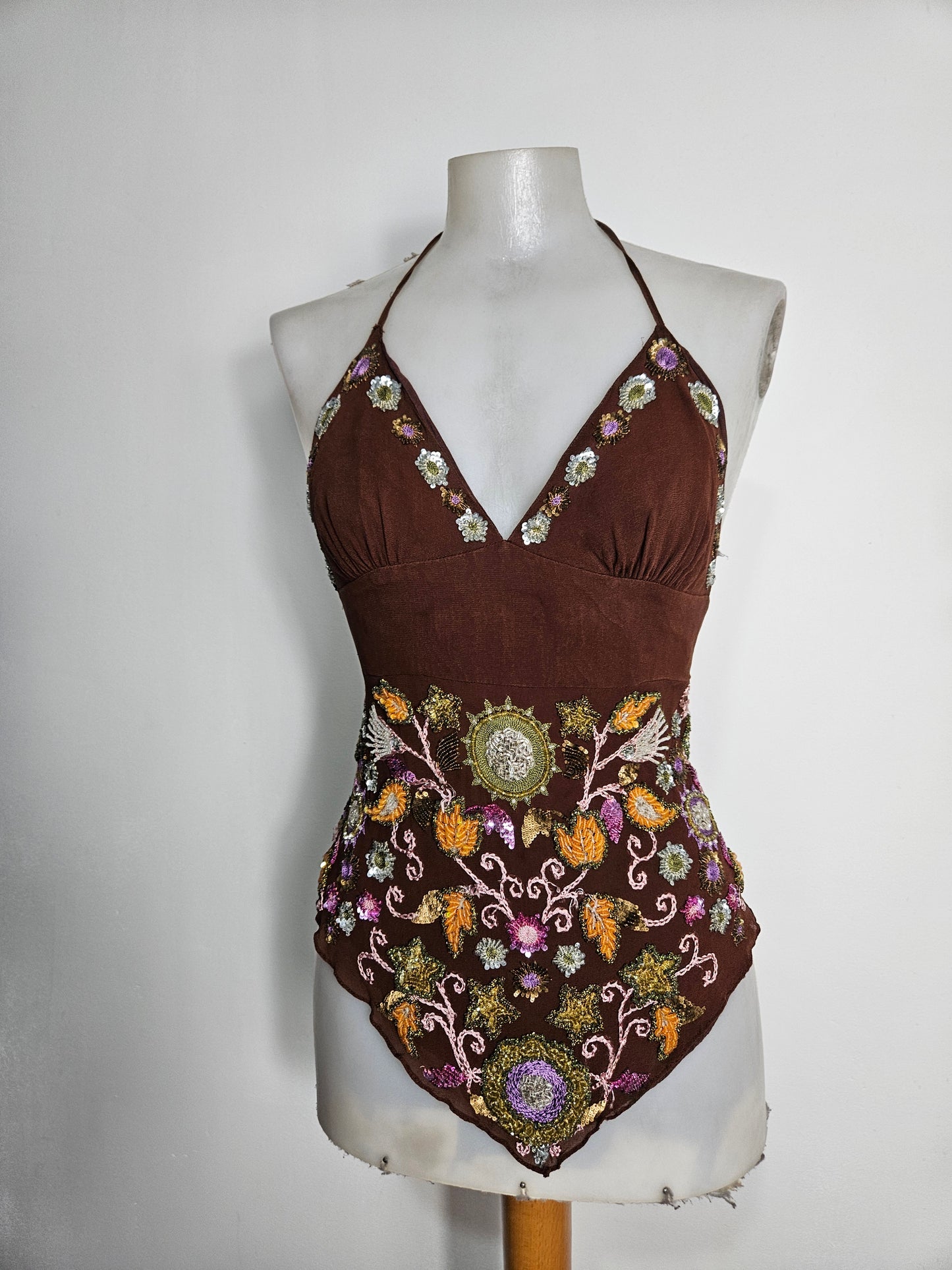 Embroidered silk backless top