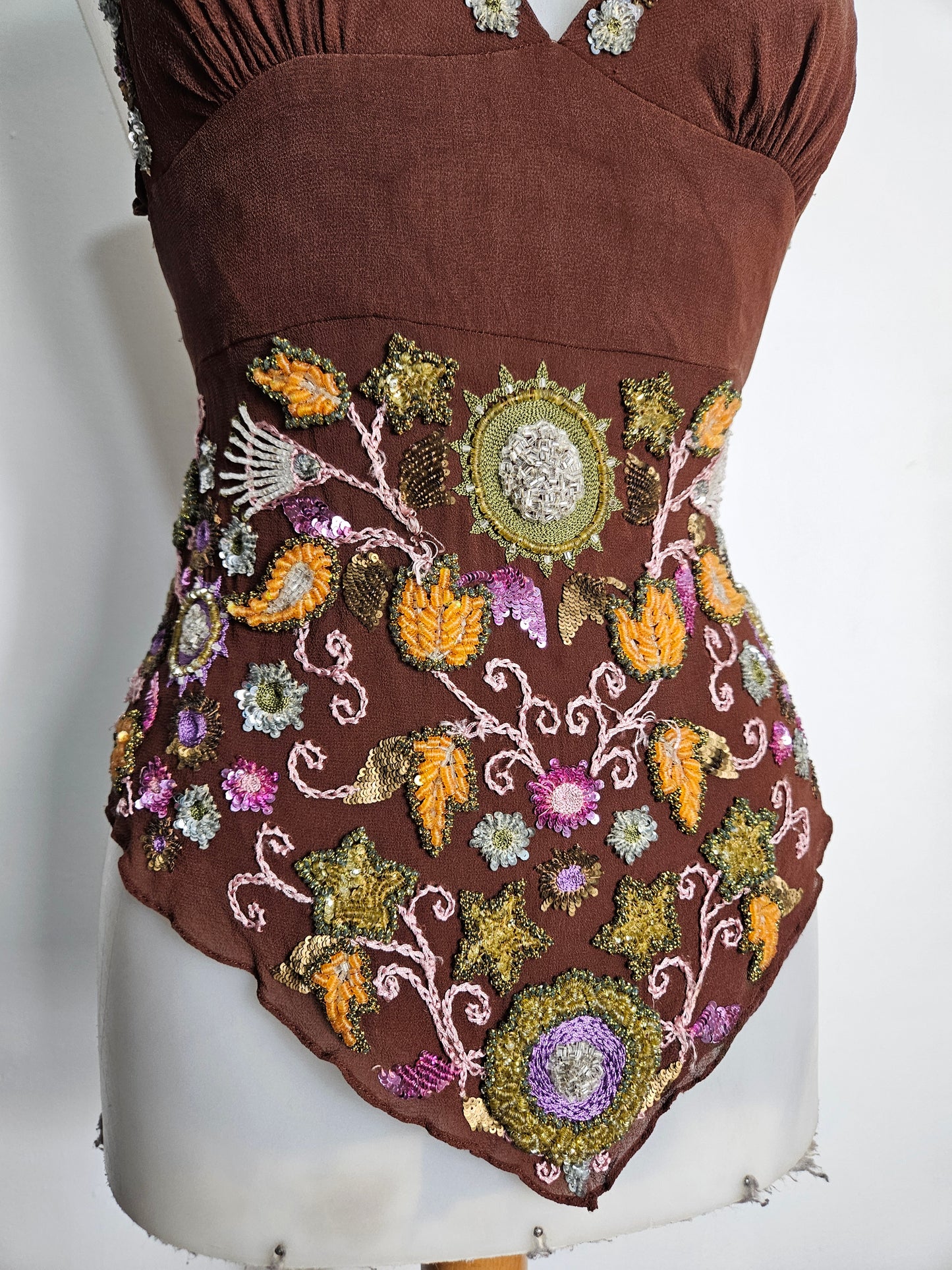 Embroidered silk backless top