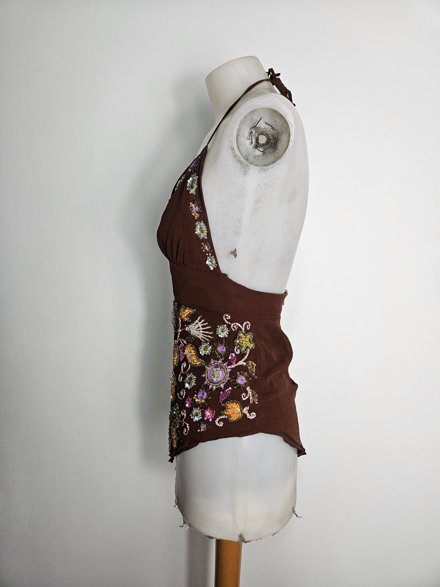 Embroidered silk backless top