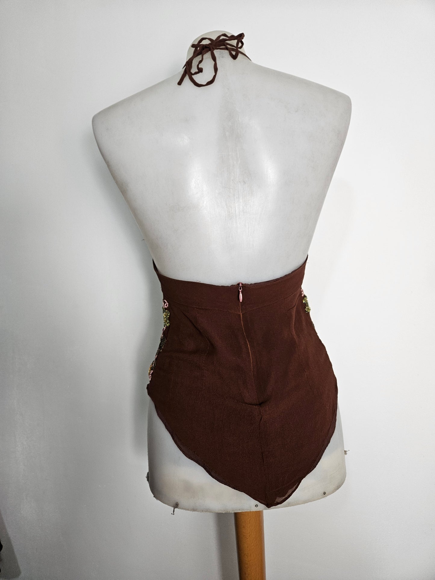 Embroidered silk backless top