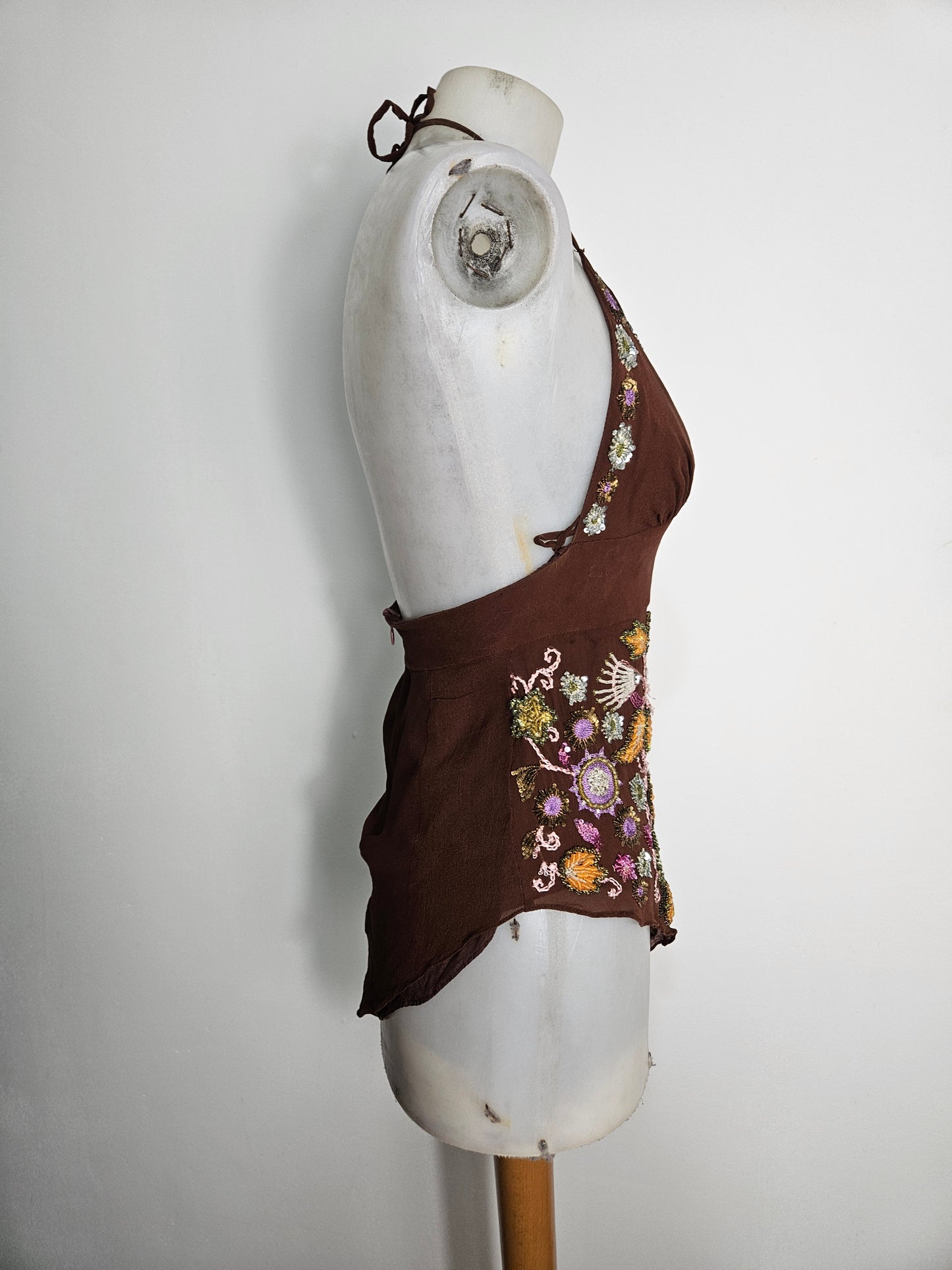 Embroidered silk backless top