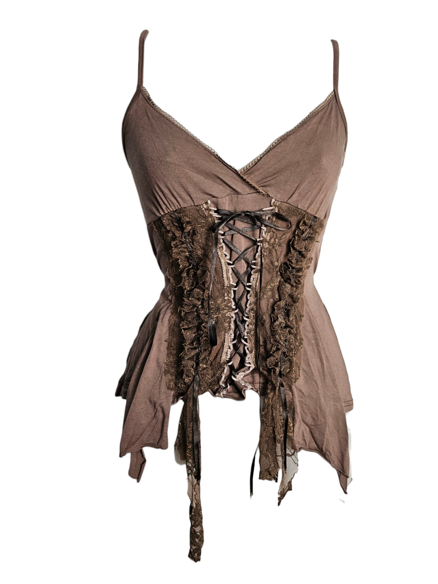 Vintage Y2K brown corset cami featuring lace-up detailing, ruffled trim, and asymmetrical hem. Perfect for fairycore, boho, or grunge aesthetic outfits.