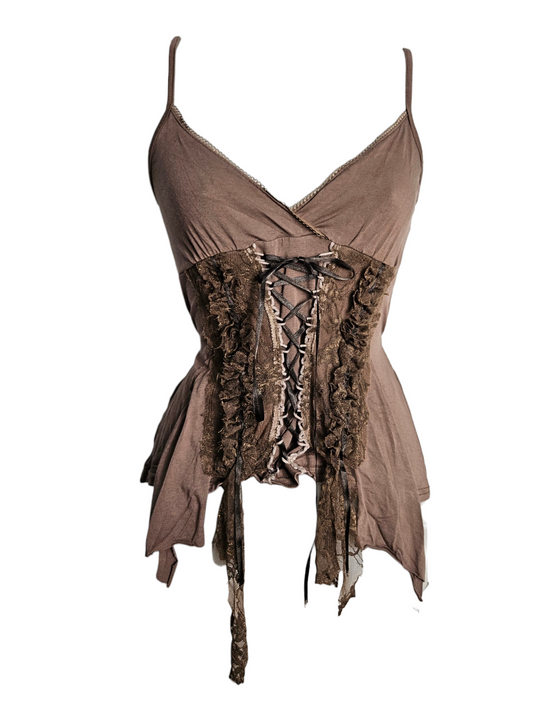 Vintage Y2K brown corset cami featuring lace-up detailing, ruffled trim, and asymmetrical hem. Perfect for fairycore, boho, or grunge aesthetic outfits.