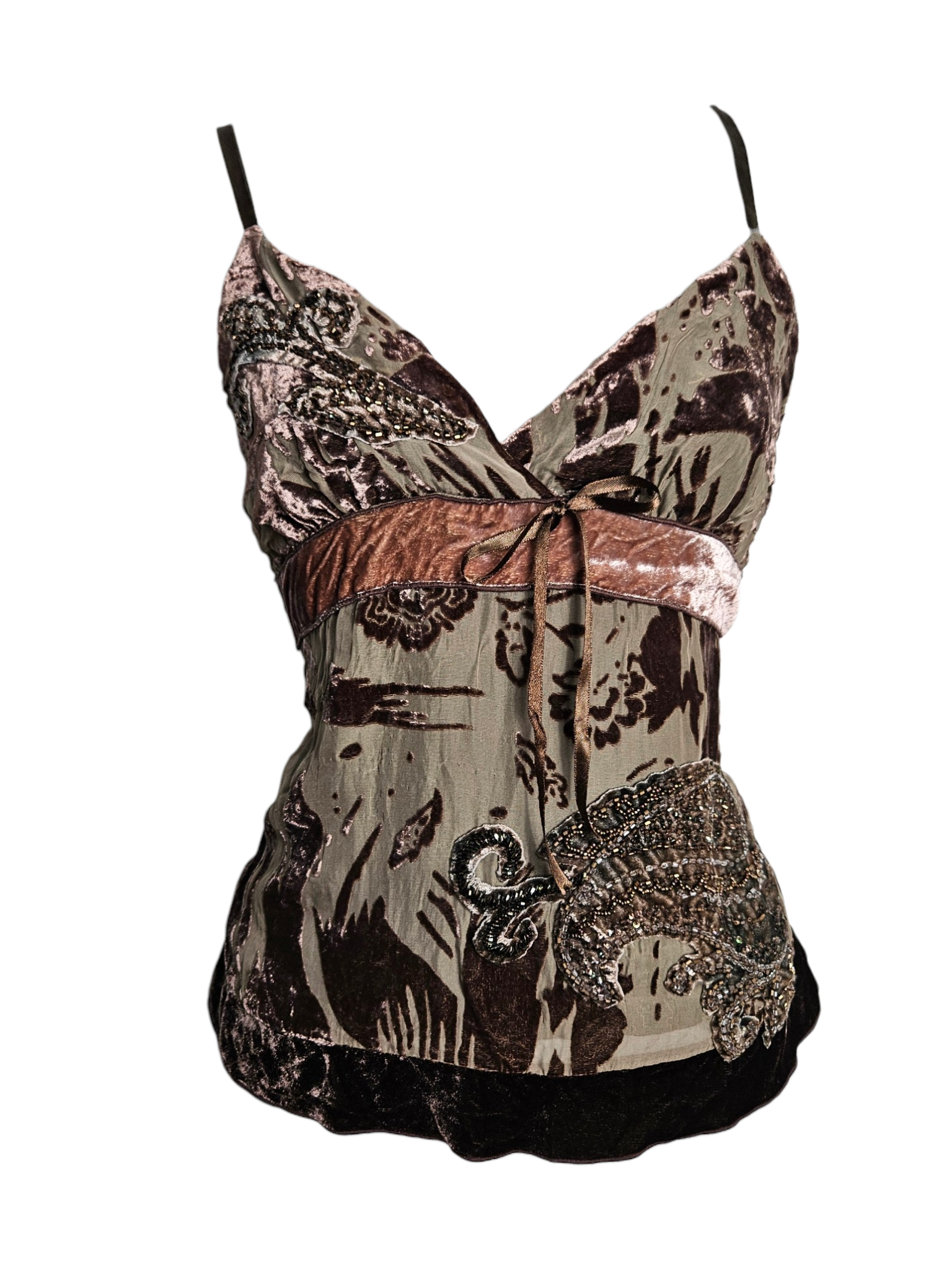 Vintage Y2K burnout velvet camisole in earth tones with beaded butterfly motifs and pink velvet trim. A chic bohemian piece for fairycore or vintage styles.