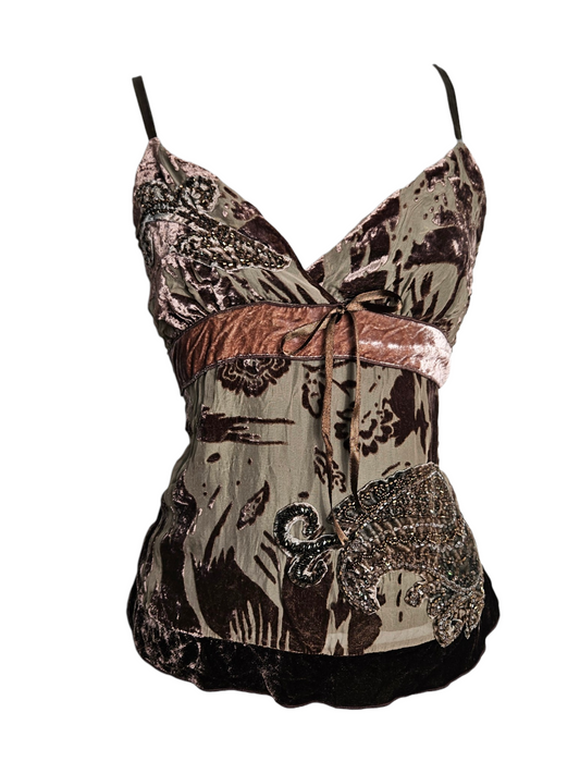 Vintage Y2K burnout velvet camisole in earth tones with beaded butterfly motifs and pink velvet trim. A chic bohemian piece for fairycore or vintage styles.