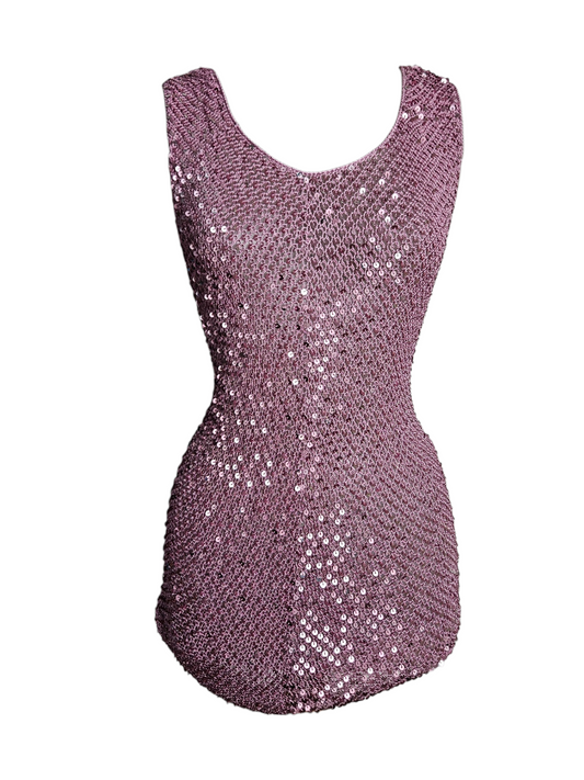 Vintage Y2K pink sequin crochet mesh top with a scoop neck. Shimmering sleeveless party vest, perfect for festival, disco, or glamorous retro-inspired outfits.