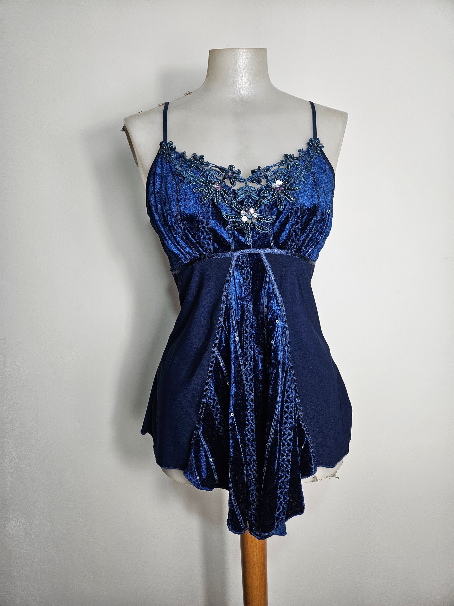 Asymmetrical top with velvet and rhinestone details