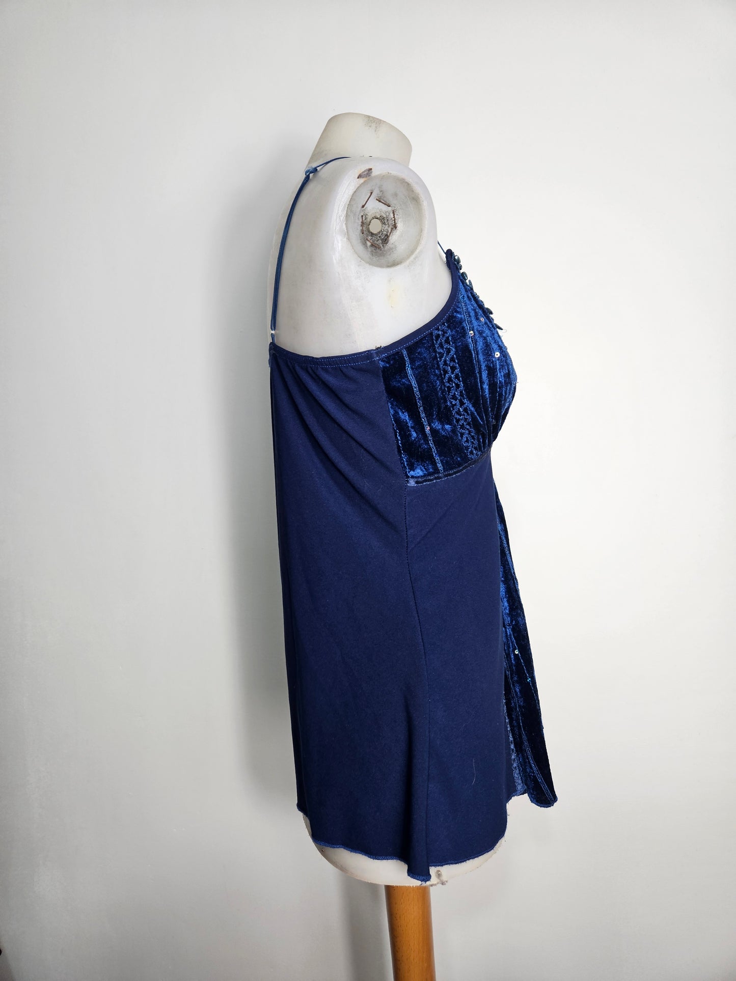 Asymmetrical top with velvet and rhinestone details