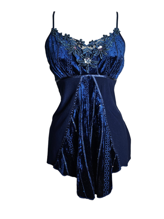 Deep blue Y2K vintage camisole, crushed velvet and lace bodice, empire waist, sequin floral embroidery, asymmetrical hem. Aesthetic: Whimsigoth, McBling, Grunge.