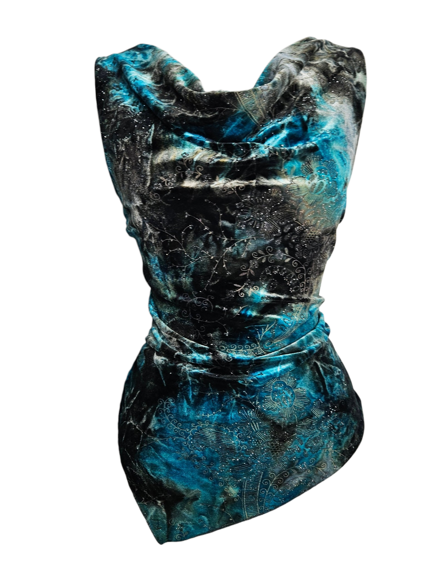 Vintage teal and black velvet cowl neck top with glitter patterns, an open back, and an asymmetrical hem. Perfect for Y2K, whimsigoth, or evening party styles.