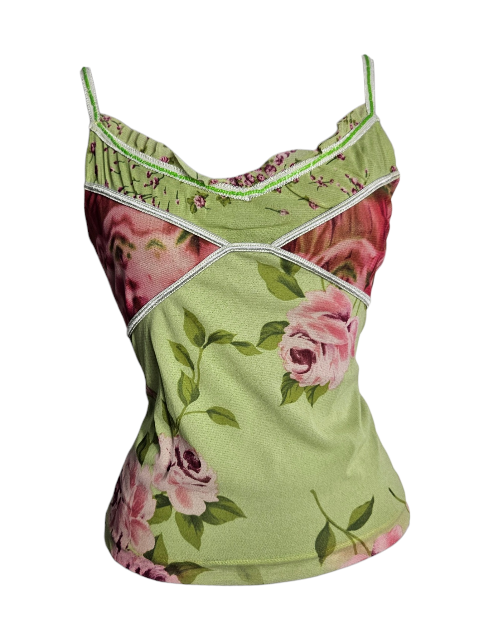 Top vintage vert citron avec un imprimé de roses. Décolleté à volants et une taille empire. Haut d'été Y2K esthétique cottagecore sroti d'une reverie fairycore