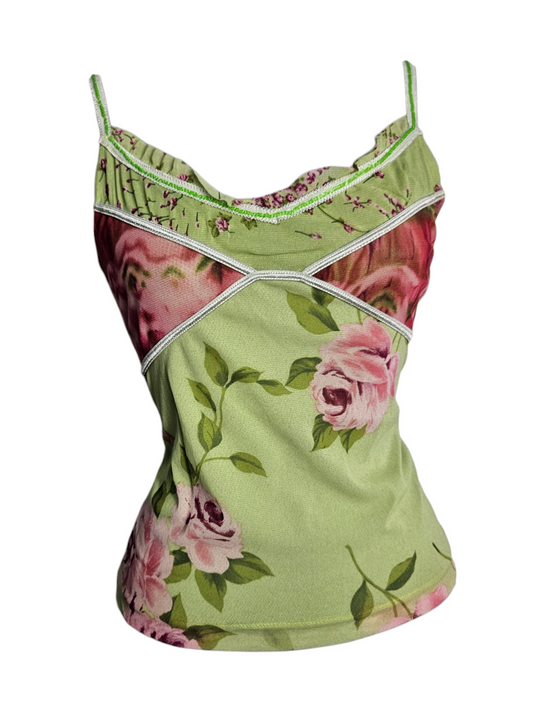 Vintage lime green camisole with romantic pink rose print. Features white ribbon trim, ruffled neckline, and empire waist. Aesthetic Y2K cottagecore summer top.