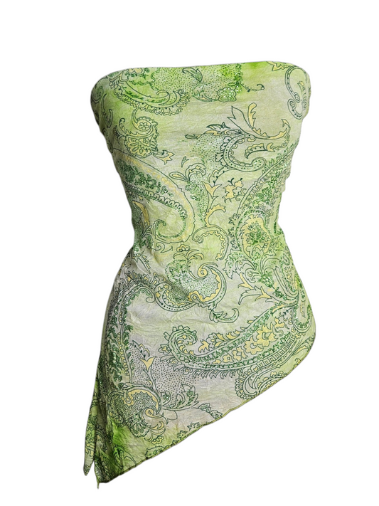 Y2K lime green paisley print tube top with an asymmetrical handkerchief hem, styled on a mannequin.