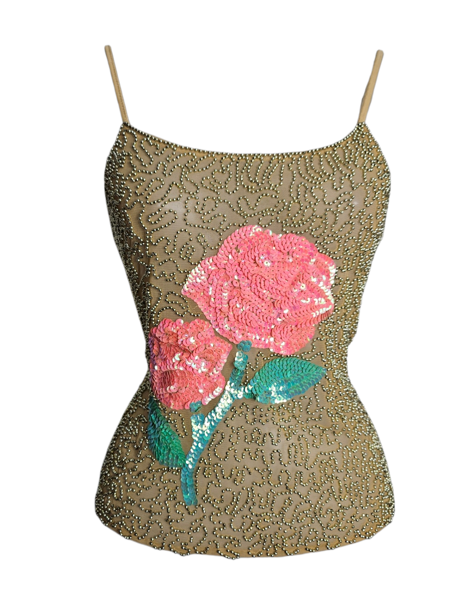 Caraco vintage perlé avec détail de rose en sequins roses. Superposition de tulle perlé doré sur un haut beige.  Top y2k fairycore sorti d'une reverie.