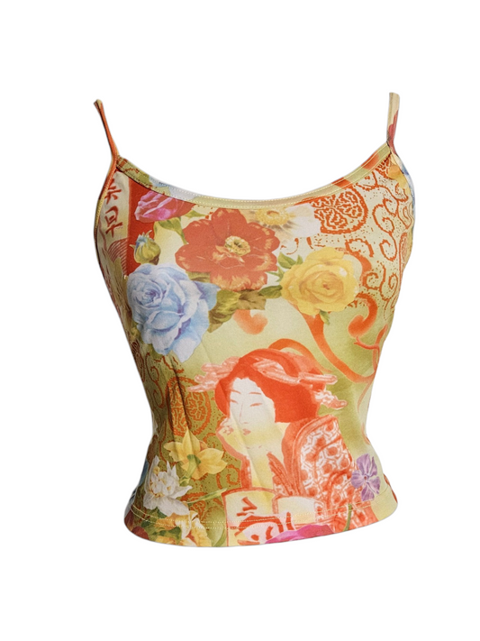 
Y2K vintage camisole with Japanese geisha and floral print. Vibrant yellow, orange, and blue tones. Perfect aesthetic summer crop top for a retro streetwear look.