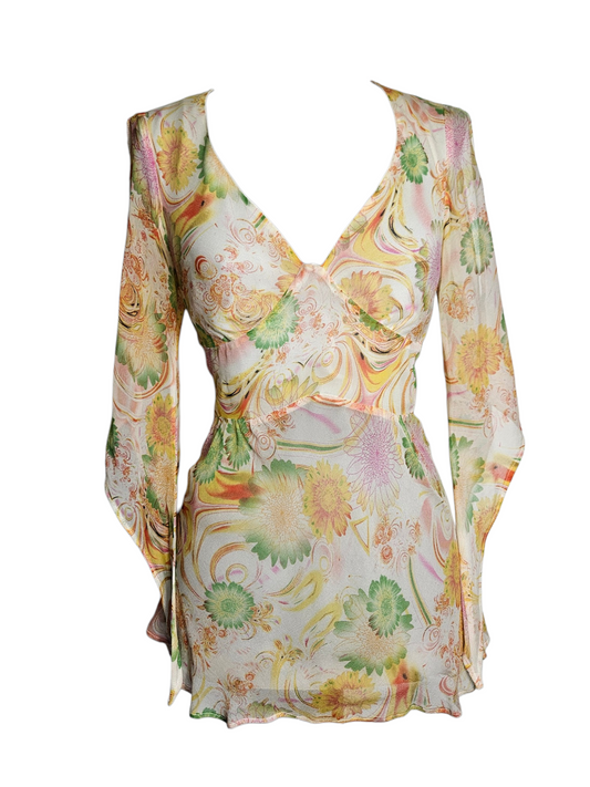 Vintage 70s style sheer floral mini dress with flared sleeves. Ethereal yellow and green psychedelic print, V-neckline. Boho chic festival outfit. Size S.