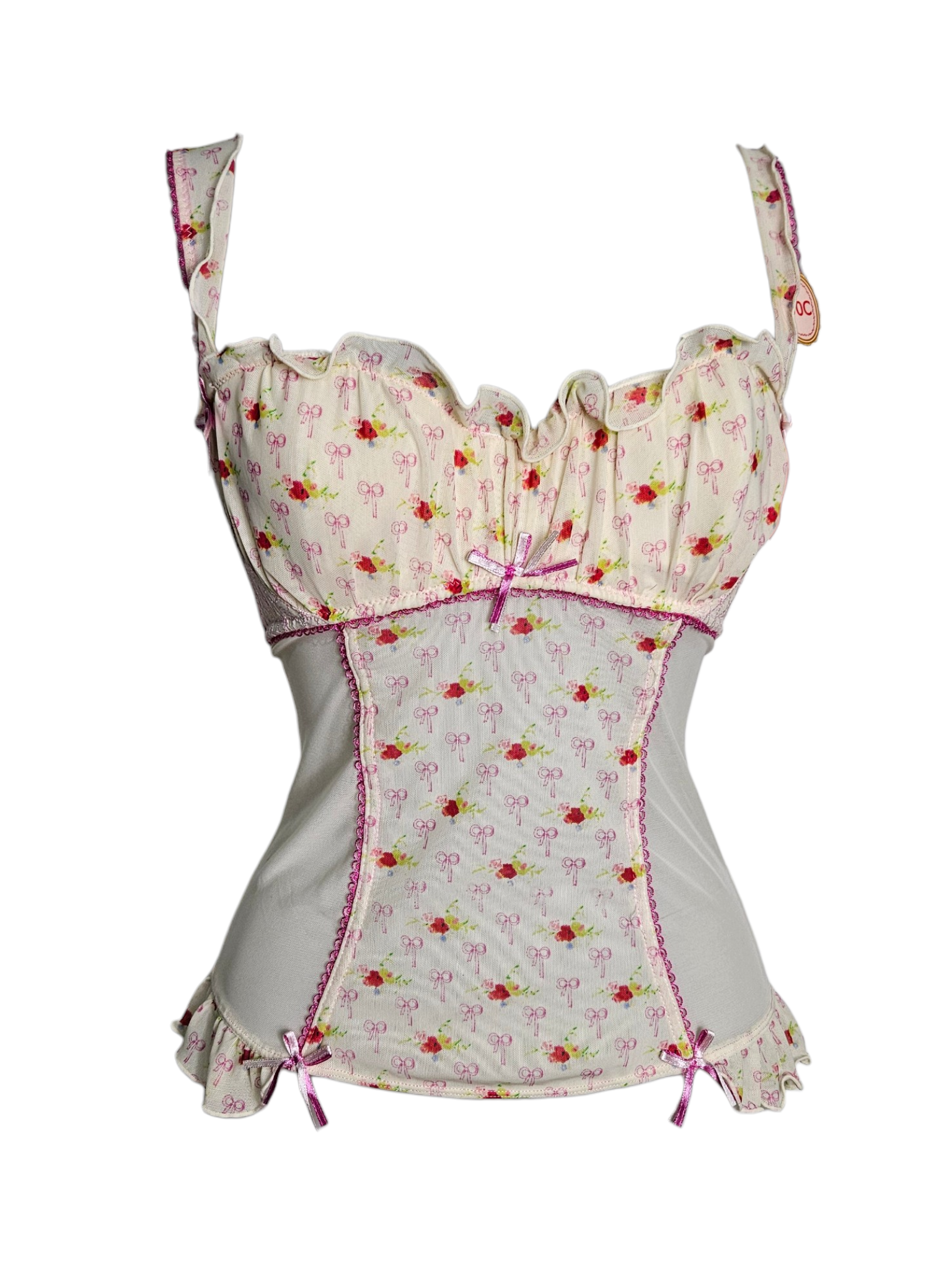 Solei Sucré Vintage Coquette floral corset top with pink bows and ruffle trim. Romantic cottagecore aesthetic, mesh panels, and rose print. Trendy Y2K fairycore style.