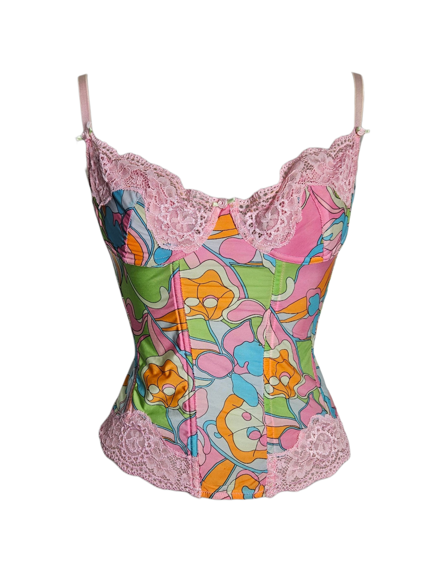 Vintage 70s colorful floral print corset top with pink lace trim. Unique retro bustier for summer. Perfect boho style.