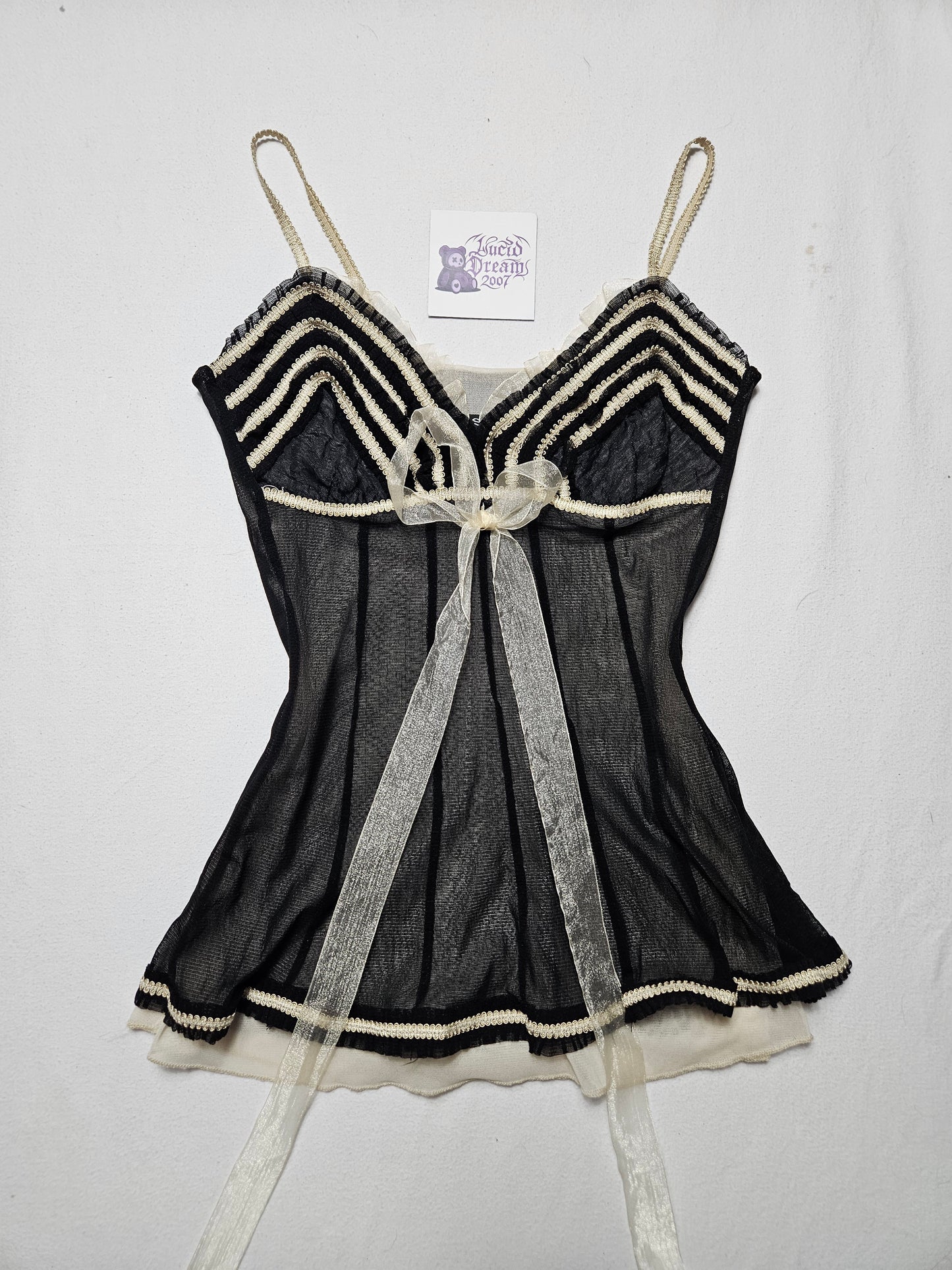 Vintage milkmaid sheer black and cream babydoll top with lace trim and organza bow. Perfect 2000s coquette aesthetic lingerie camisole for a dreamy y2k style.