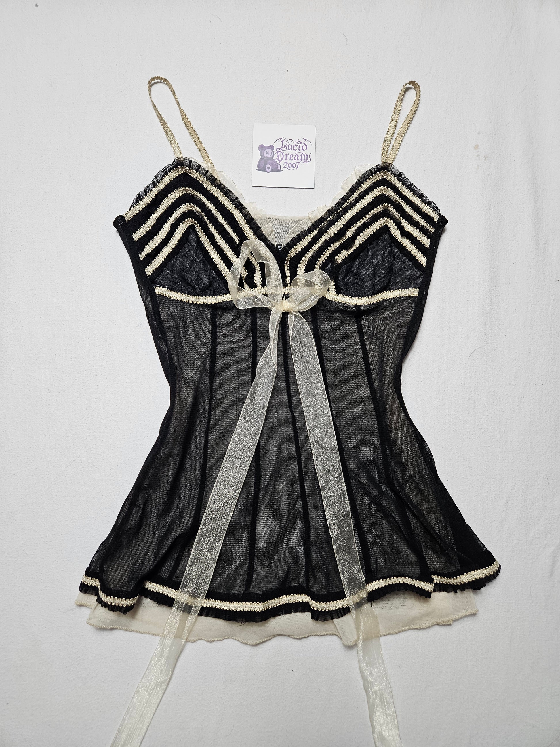 Vintage milkmaid sheer black and cream babydoll top with lace trim and organza bow. Perfect 2000s coquette aesthetic lingerie camisole for a dreamy y2k style.