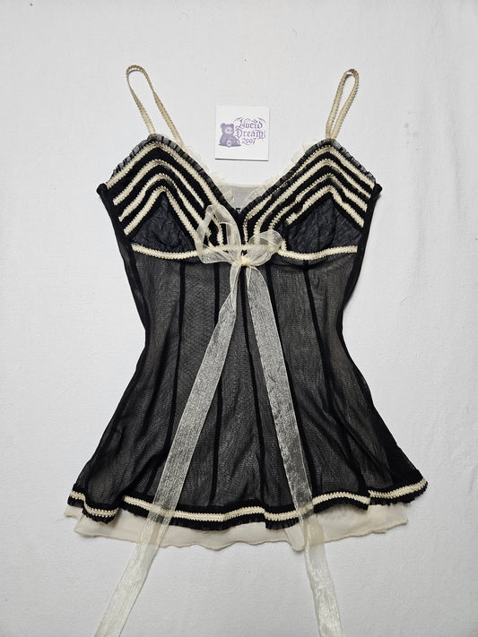 Vintage milkmaid sheer black and cream babydoll top with lace trim and organza bow. Perfect 2000s coquette aesthetic lingerie camisole for a dreamy y2k style.