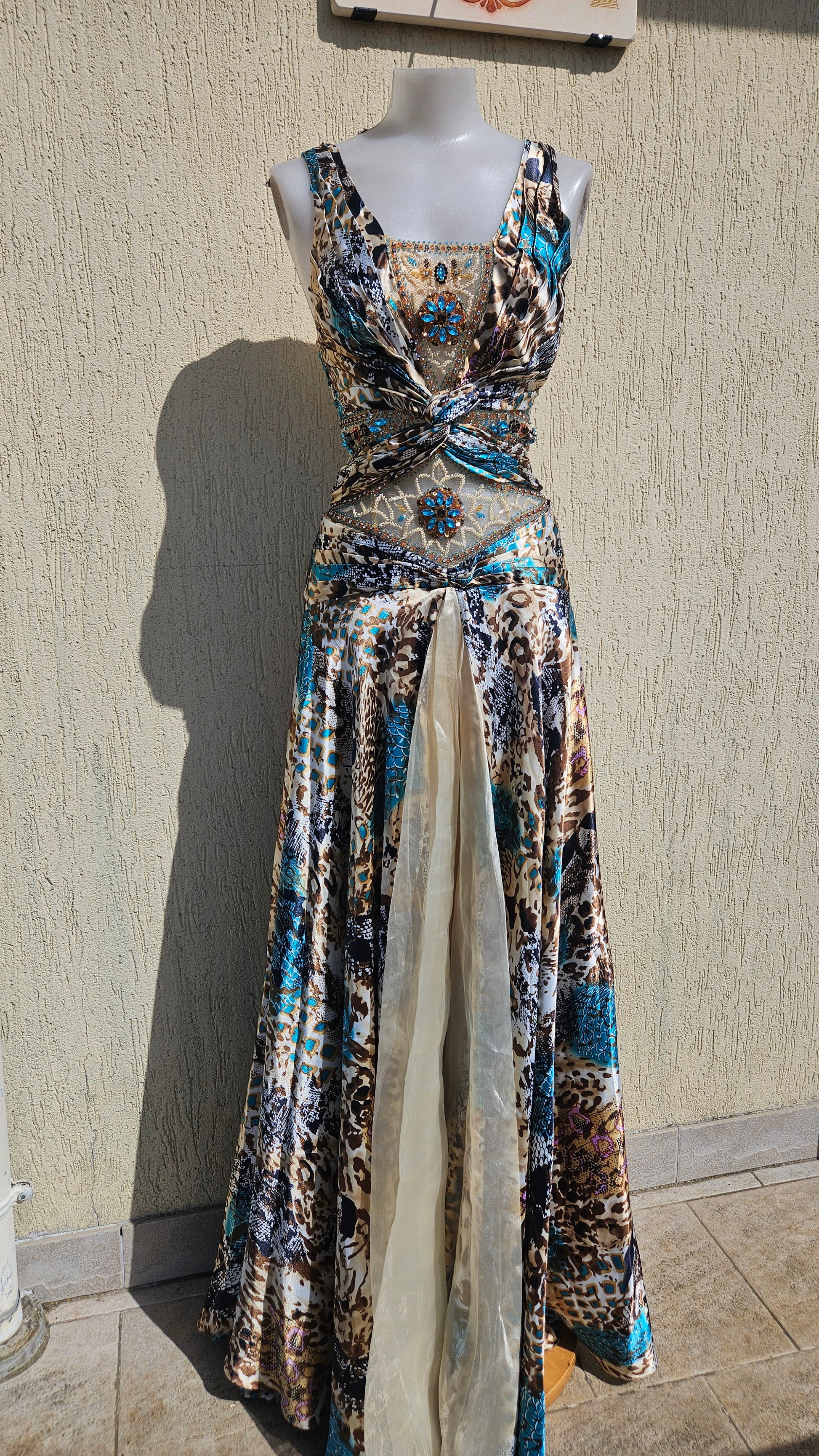 Vintage Y2K roberto cavalli inspired  floor-length gown with blue and leopard print, featuring rhinestone-embellished mesh panels and a high center slit by Lucid Dream 2007