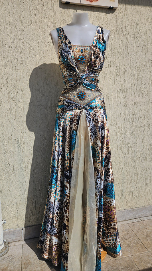 Vintage Y2K roberto cavalli inspired  floor-length gown with blue and leopard print, featuring rhinestone-embellished mesh panels and a high center slit by Lucid Dream 2007