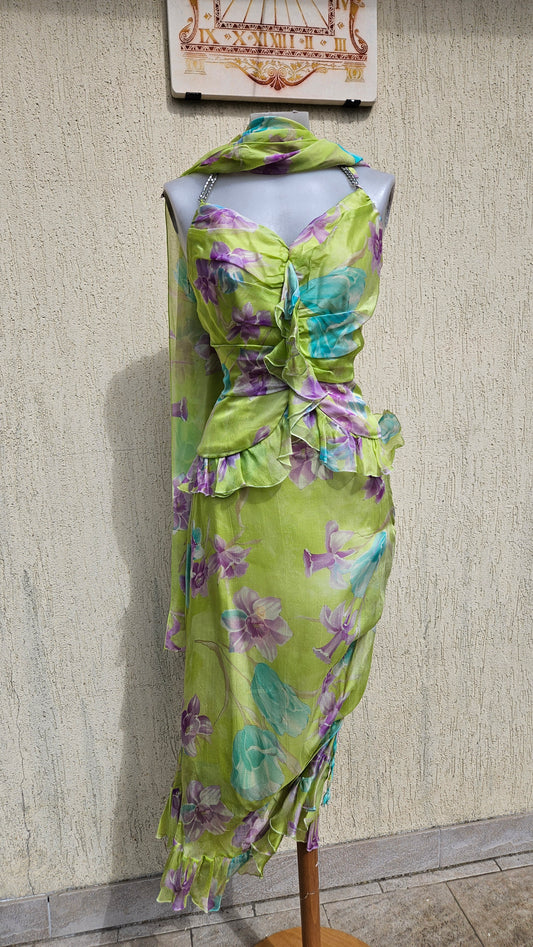 Vintage Y2K lime green midi dress with purple floral print. Features a ruffled bodice, peplum waist, and crystal-embellished halter straps. Fairycore party dress.