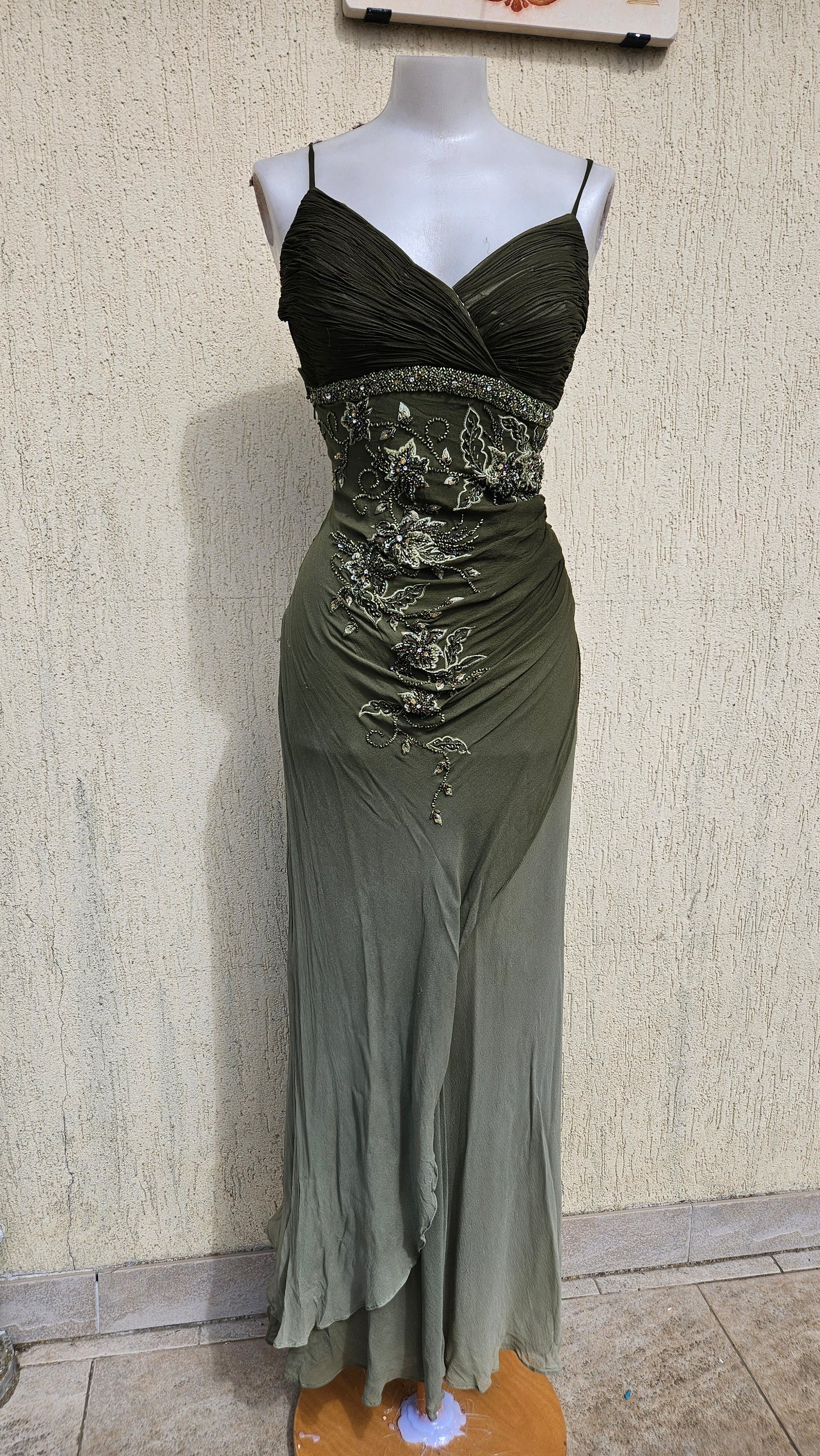 Vintage olive green maxi dress with beaded floral embroidery, pleated bodice, and spaghetti straps. Elegant Y2K evening gown aesthetic.