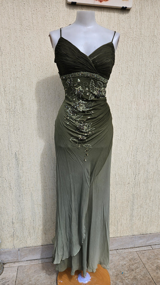 Vintage olive green maxi dress with beaded floral embroidery, pleated bodice, and spaghetti straps. Elegant Y2K evening gown aesthetic.