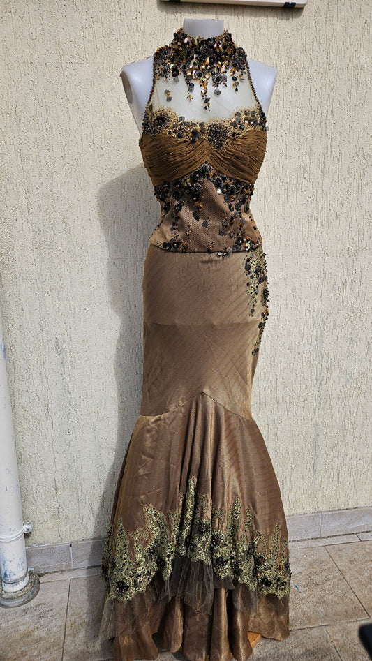 Bronze mermaid evening gown with halter neck, sequin & bead embellishments, and lace trim hem. Elegant high collar formal dress for a gothic or vintage look.