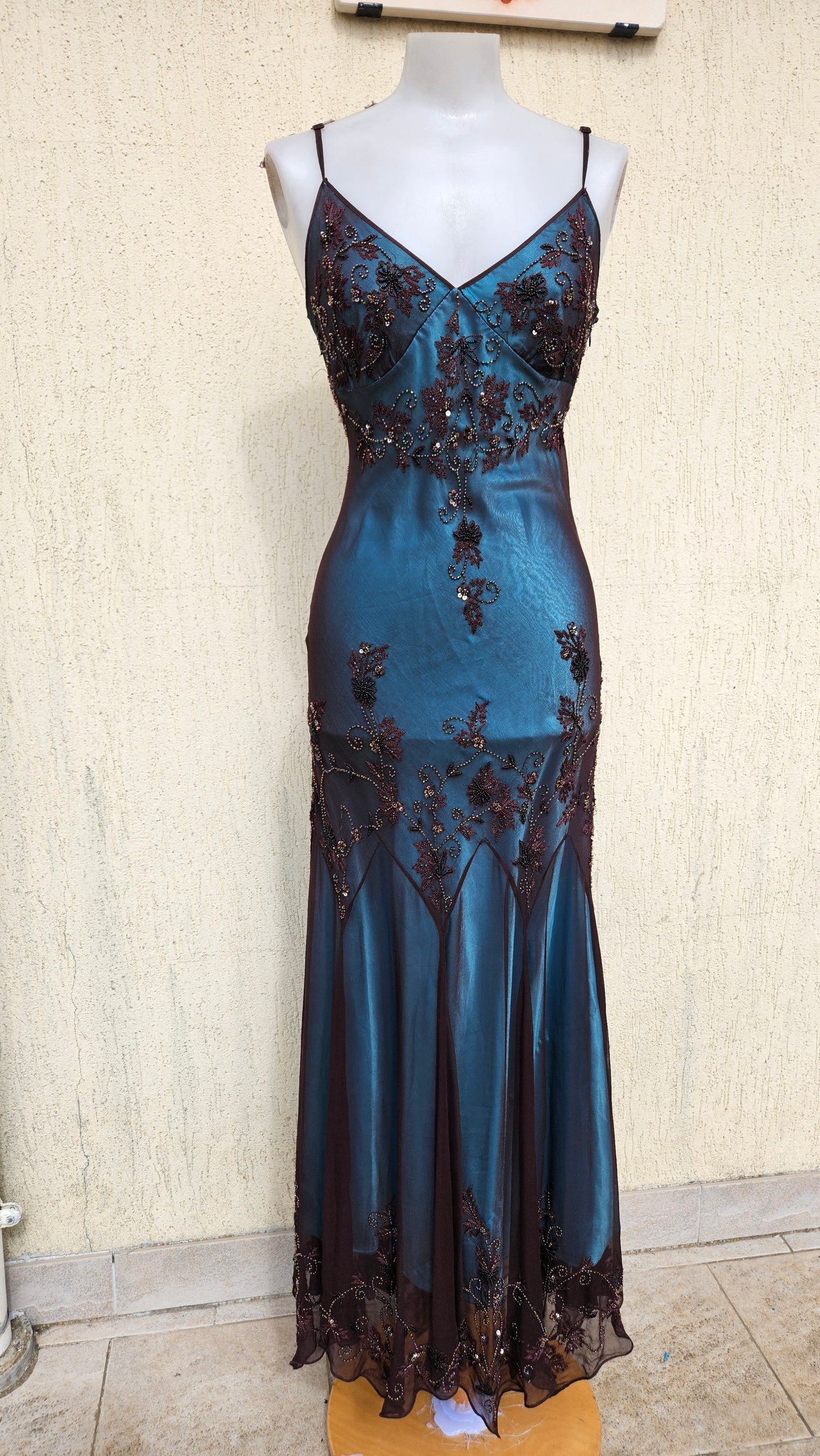 Vintage Y2K iridescent teal maxi dress with chocolate brown mesh overlay and floral beadwork. Elegant mermaid silhouette evening gown. Whimsigoth aesthetic.