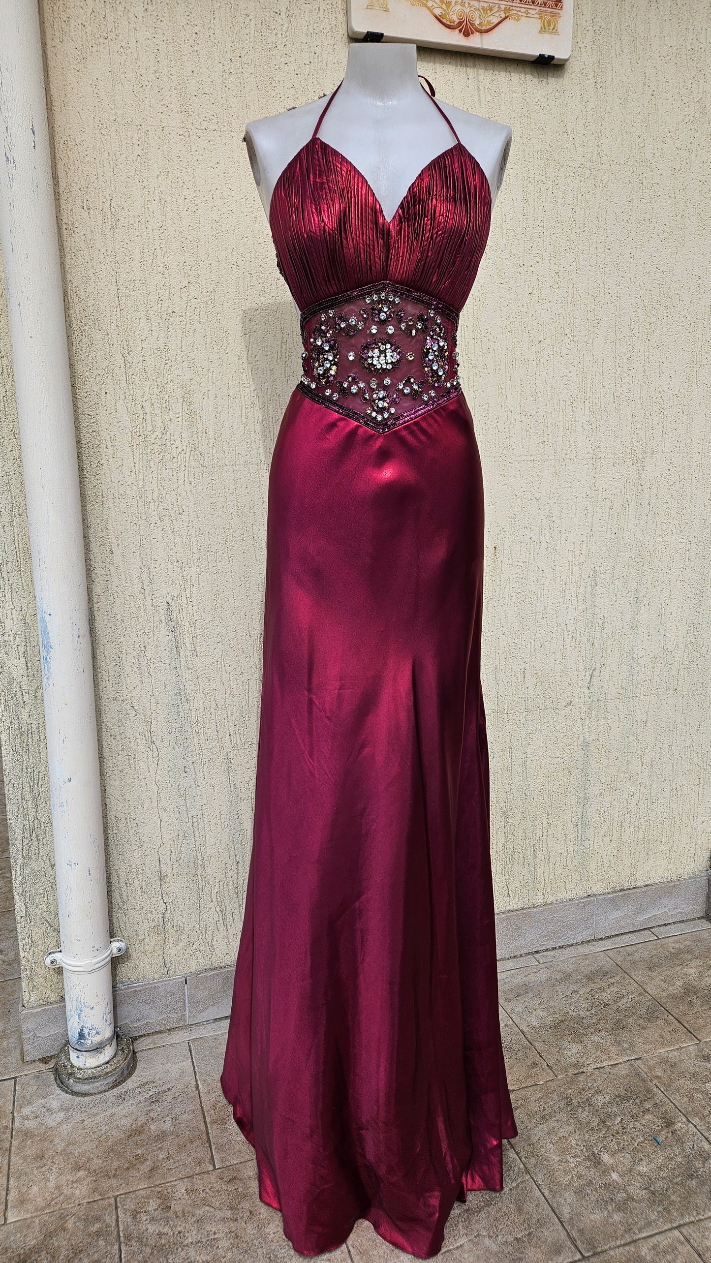 Dark pink Y2K vintage prom dress, halter neck, pleated bodice with beaded rhinestone waist detail on satin maxi skirt.