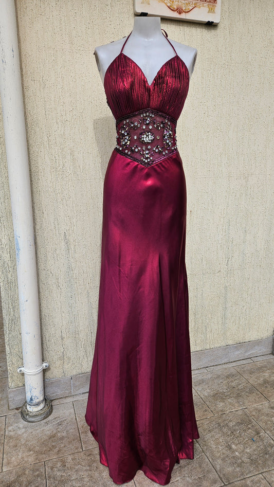 Dark pink Y2K vintage prom dress, halter neck, pleated bodice with beaded rhinestone waist detail on satin maxi skirt.