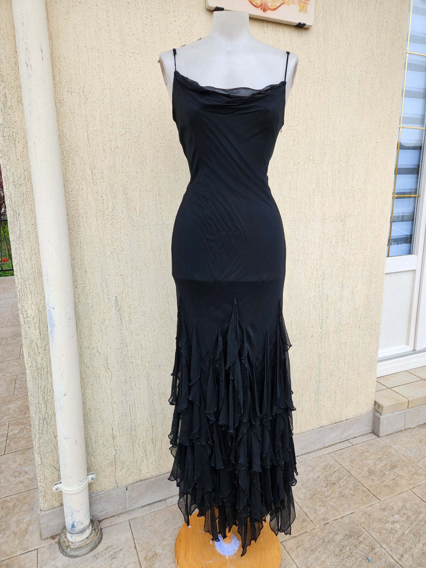 Black ruffled silk dress