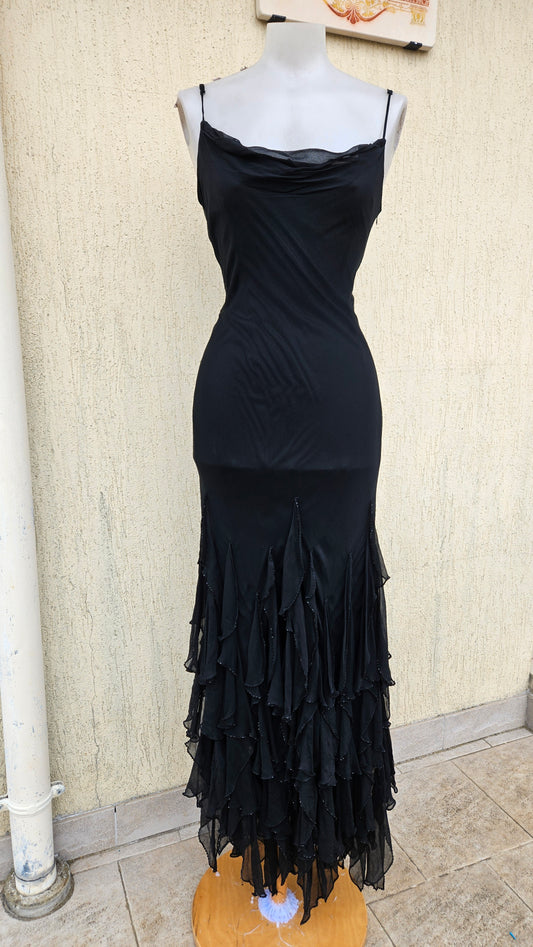 Vintage Y2K black maxi slip dress with a cowl neck and thin straps. Features a dramatic tiered ruffle mermaid skirt. Classic gothic glam evening gown.