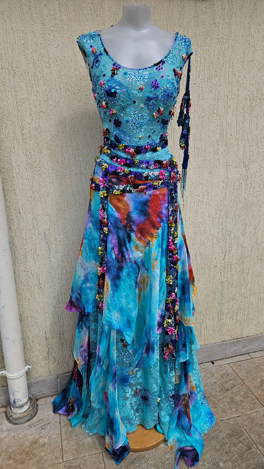 Elevate your style with this vibrant Y2K beaded maxi dress. Featuring a sequined bodice and tie-dye layered skirt, it's the ultimate Lucid Dream 2007 statement.