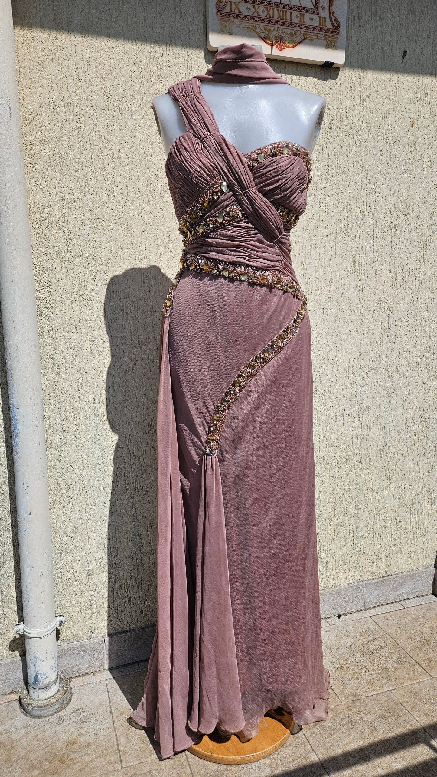 Ethereal mauve one-shoulder gown with intricate beading and ruched details. Perfect for a whimsigoth prom, fairycore reverie, or a vintage-inspired gala.