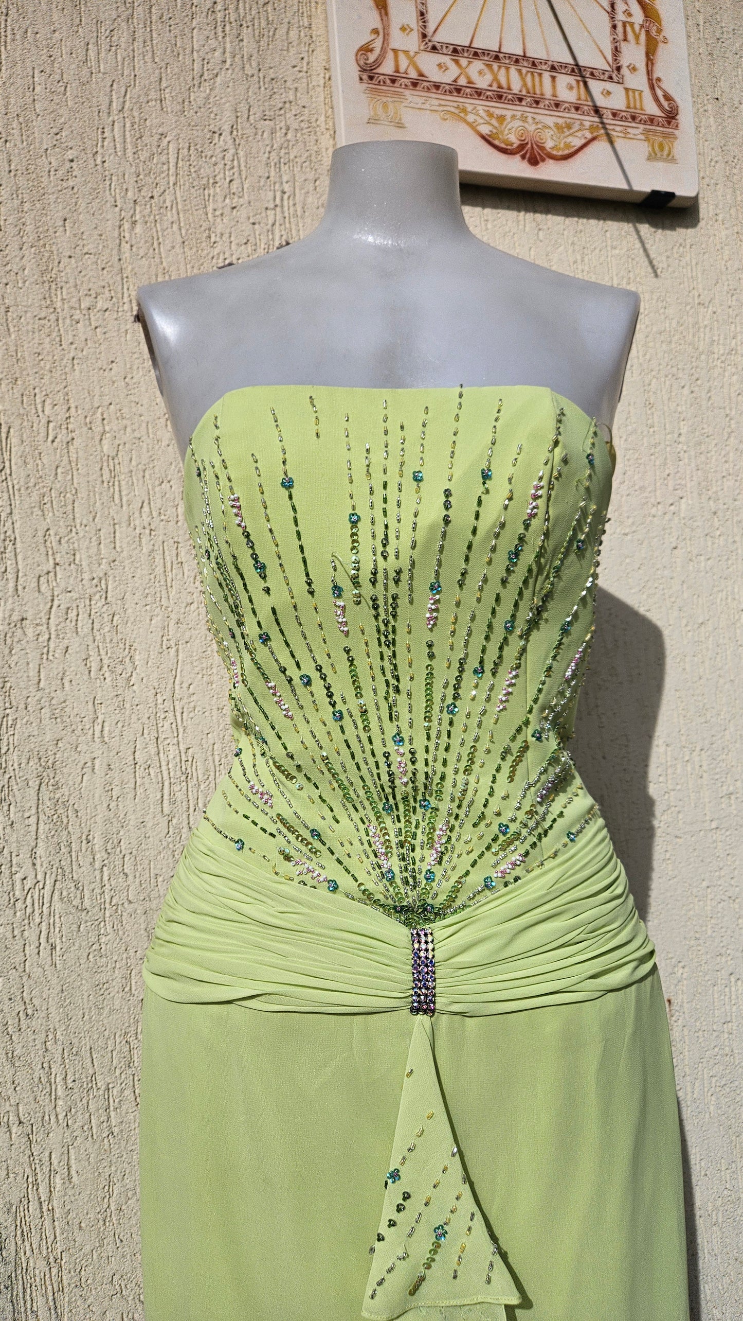 Embroidered green strapless dress