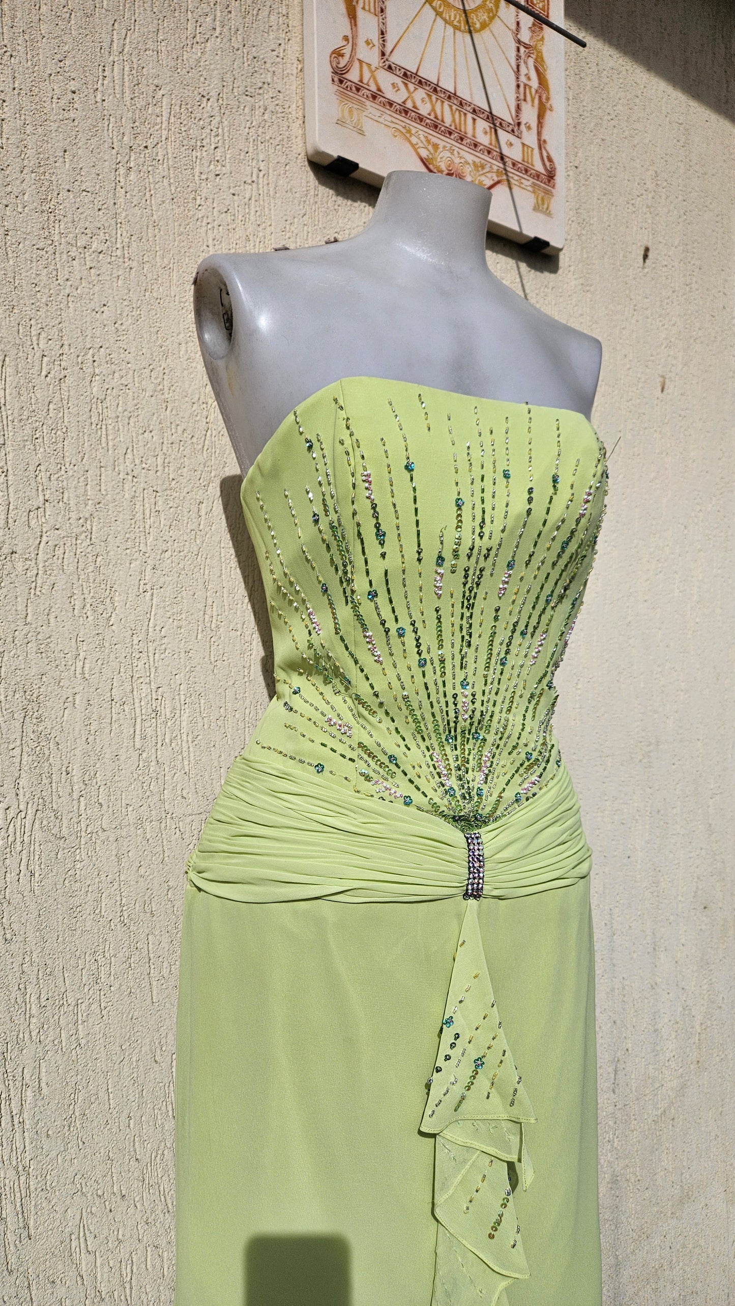 Embroidered green strapless dress