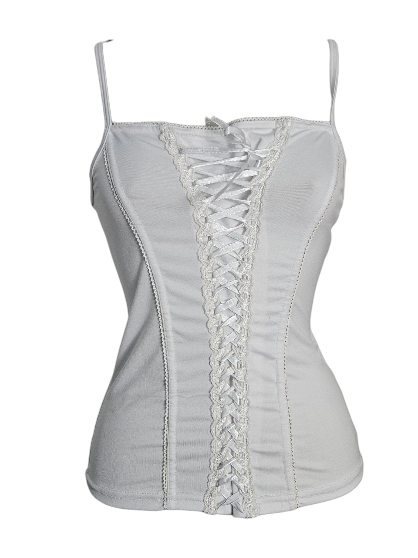Haut blanc à fines bretelles, conçu avec une structure proche d'un corset.

Le devant présente un laçage central blanc bordé d'une bande de dentelle. top vintage dans le style fairycore, sorti d'une reverie.